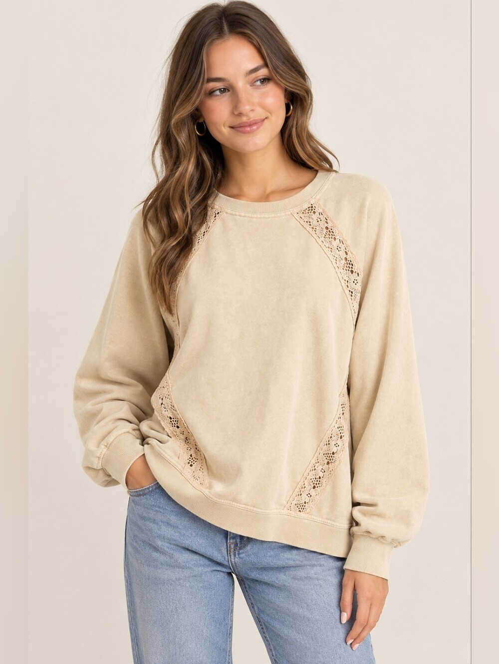 NWT New Mix By Simons Lace-Trim Pullover Sweatshirt - Beige Sz M Boho Fall Cozy
